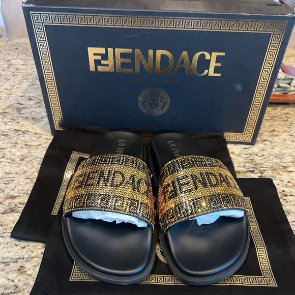 FENDACE Fendi x Versace Collab Gold Metal Mesh Black Pool Slides Rubber EU 40 main image 5